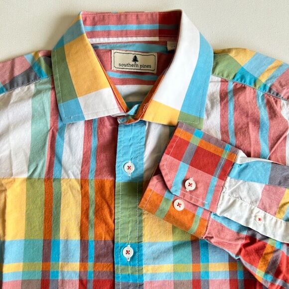southern pines Other - Colorful Cotton Poplin Madras Plaid Shirt Southern Pines Blue Pink Yellow Mens L